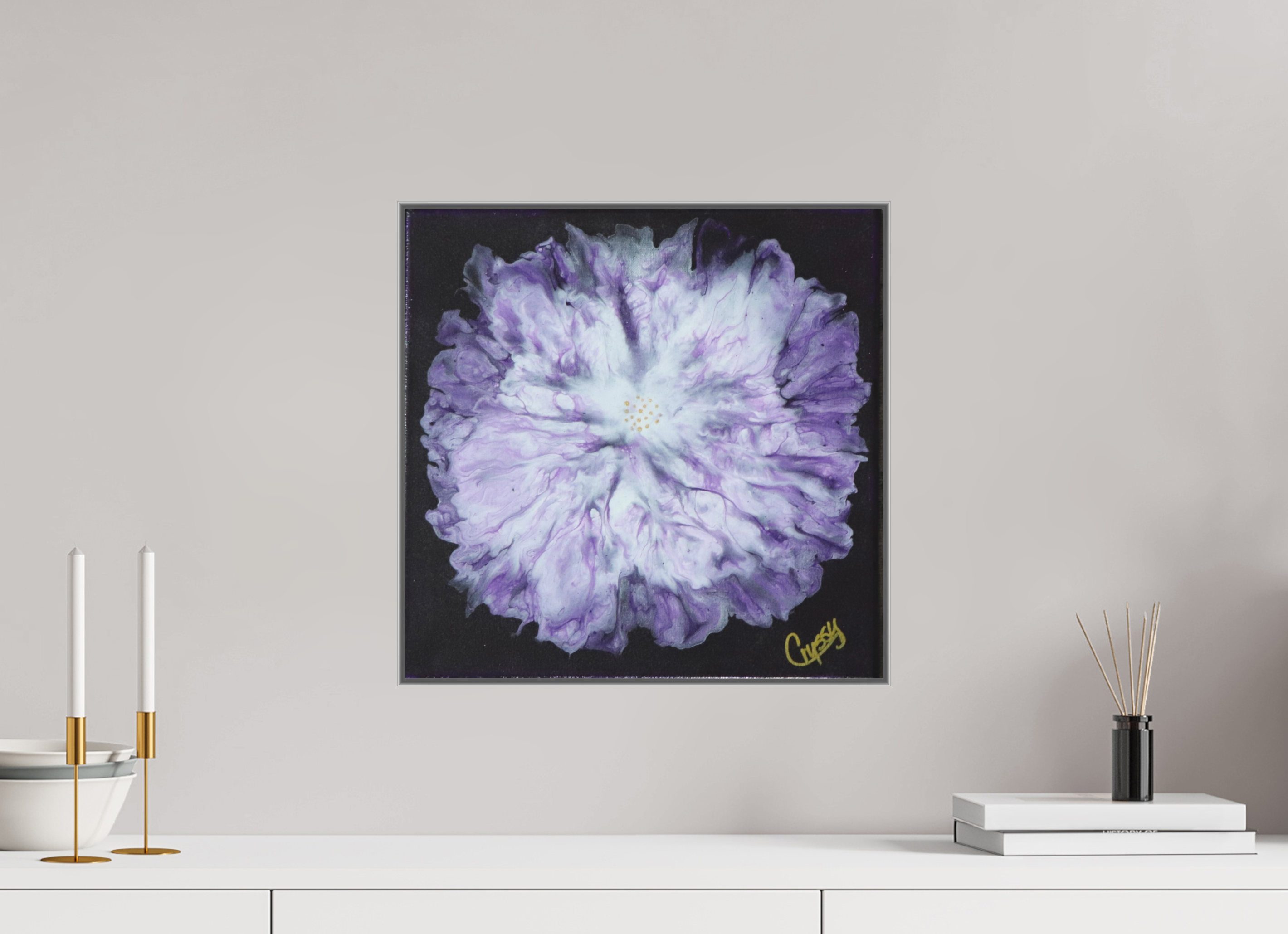 16.3 x 16″, *Aluminum Artbox 1" on fine art paper under acrylic matte glass Purple Paisley - Original Acrylic Dutch Pour Painting