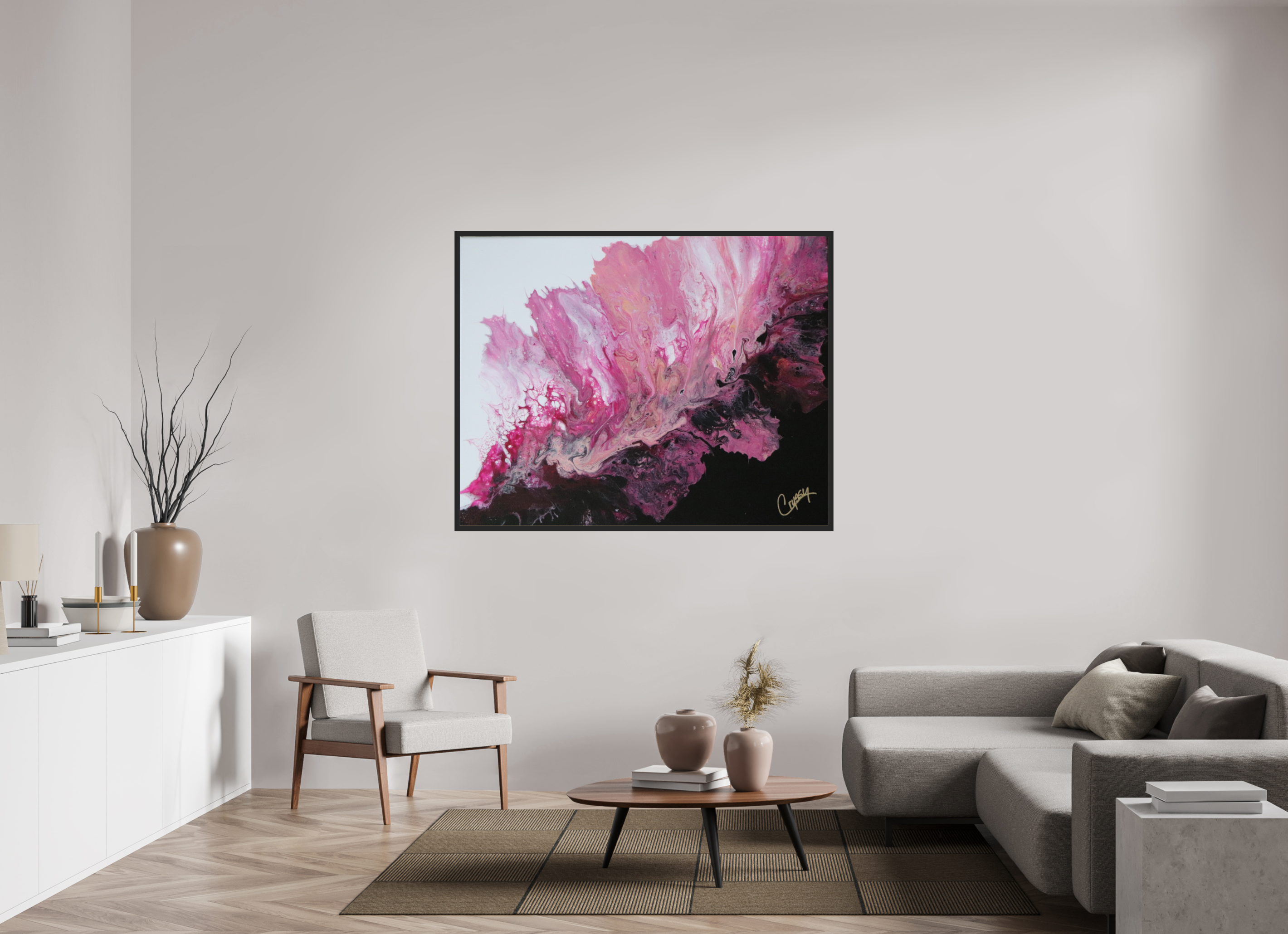 59.6 x 47″, *Photo Print Under Acrylic Glass Black Matte Frame Pink Magma - Original Dutch Pour