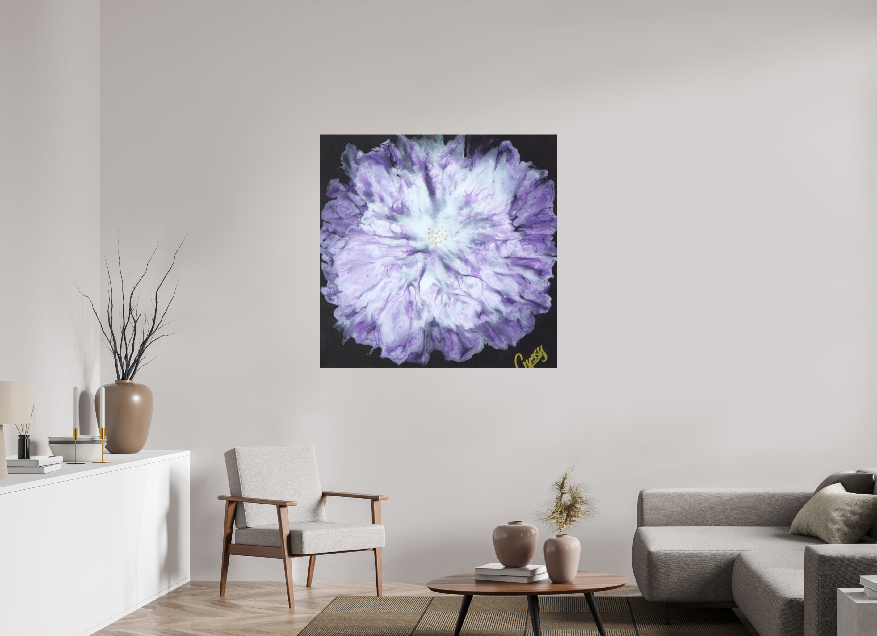 43.7 x 43″, *1.25" Matte Canvas No Frame Purple Paisley - Original Acrylic Dutch Pour Painting