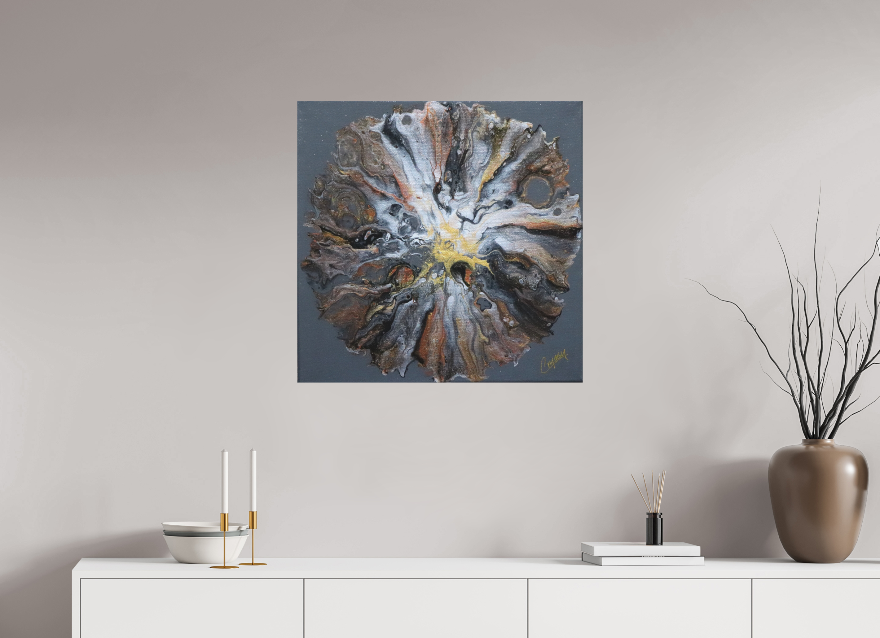 28.3 x 28″, *Photo Print on Fuji Silk with Black Frame copper Bloom