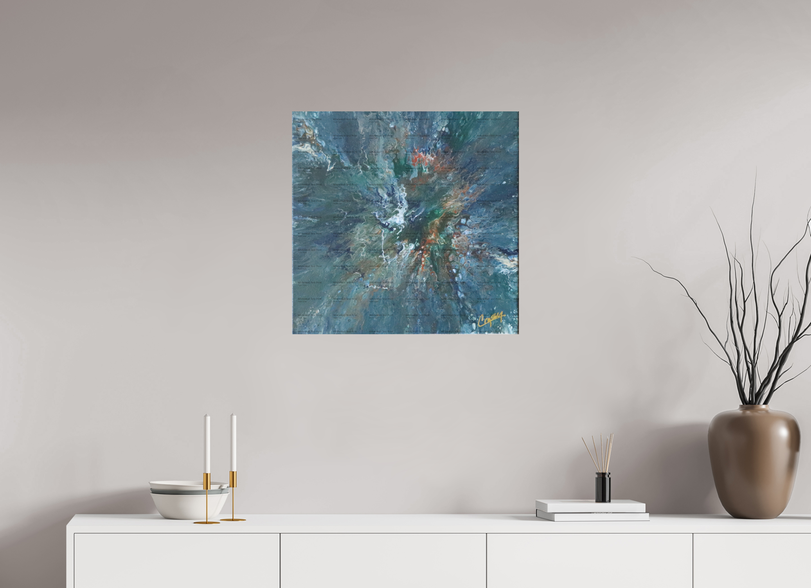24.4 x 24″, *SAMPLE Photo Print on Fuji Silk Paper no frame Teal Flux - Original Tilt Pour Painting