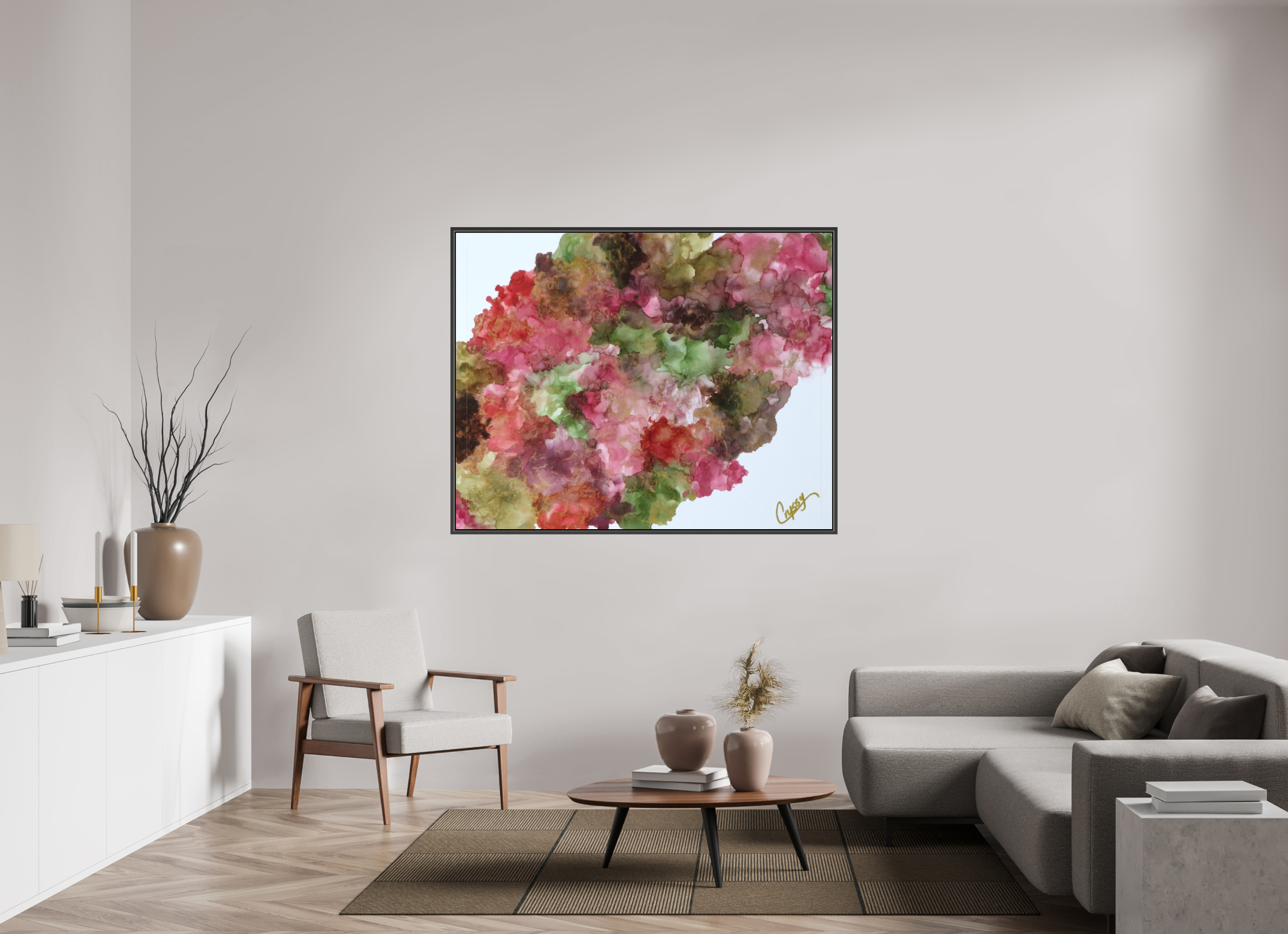 59.8 x 47″, *.7" Matte Canvas with Black Oak Frame Floral Density