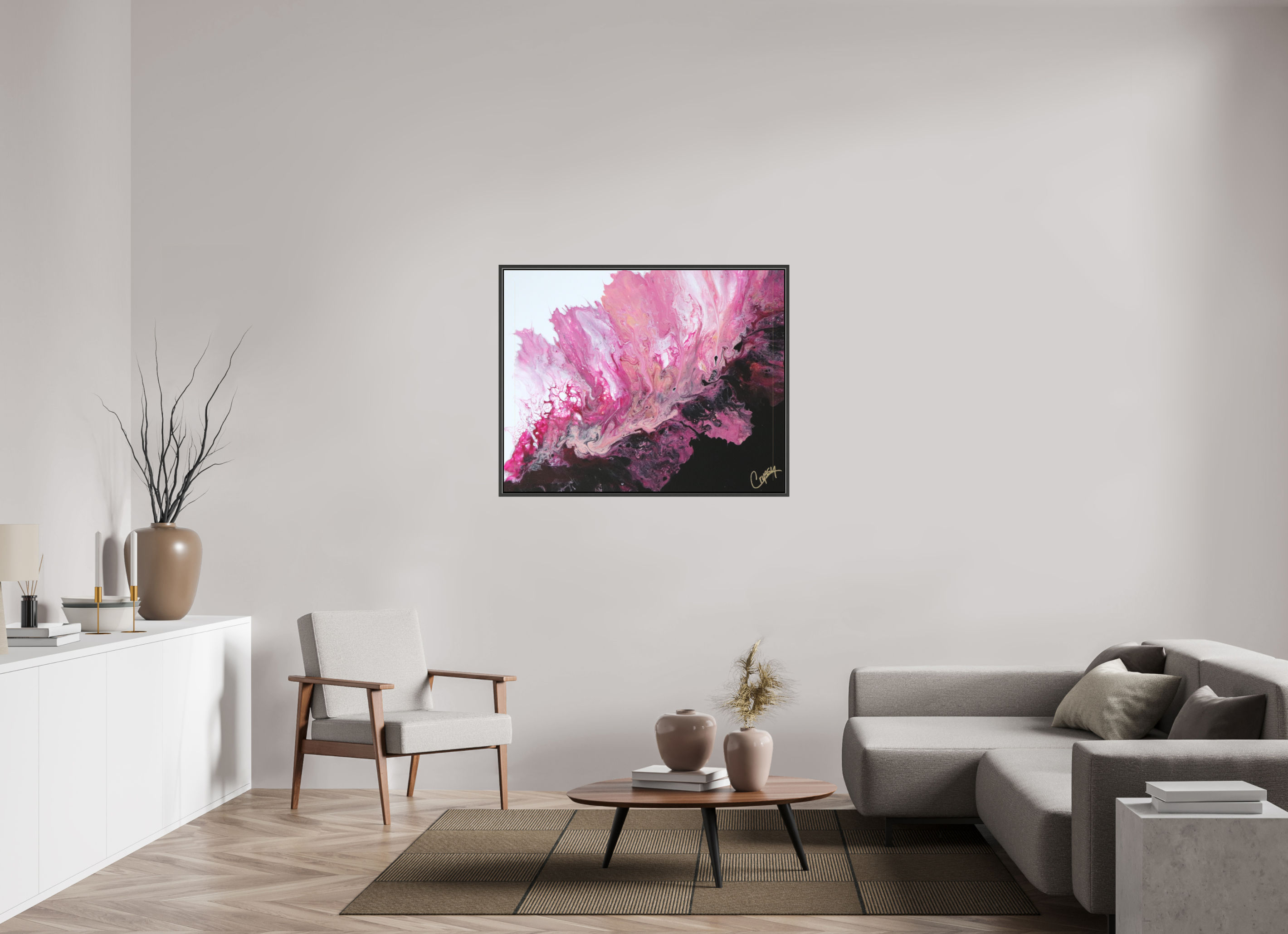 44.4 x 35″, *.7" Matte Canvas with Black Oak Frame Pink Magma - Original Dutch Pour