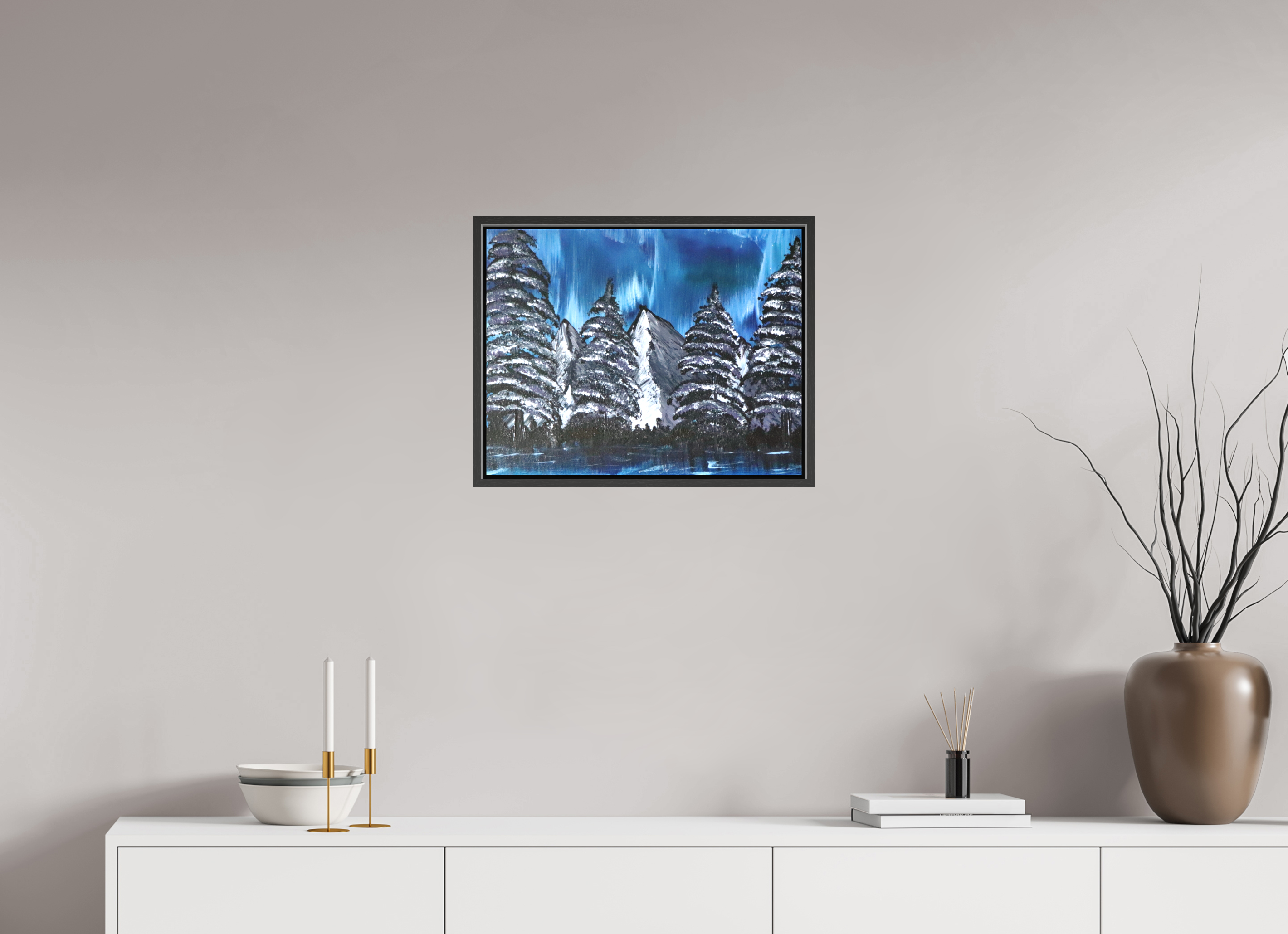 20.6 x 16″, *.7" Matte Canvas with Black Oak Frame Blue Borealis - Original Acrylic Landscape Painting