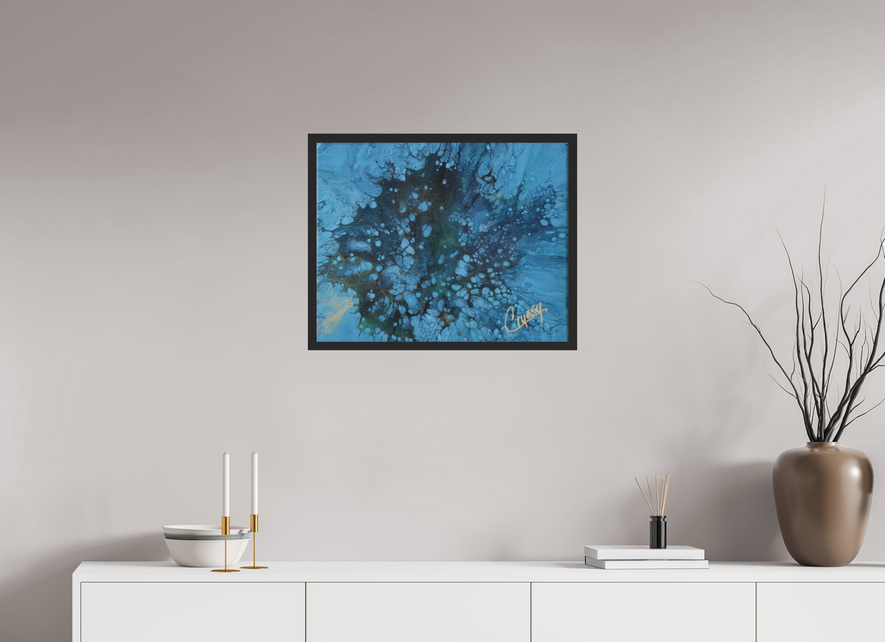 25.1 x 20″, *Photo Print Under Acrylic Glass Black Matte Frame Ocean Bloom - Original Dutch Pour Acrylic Painting