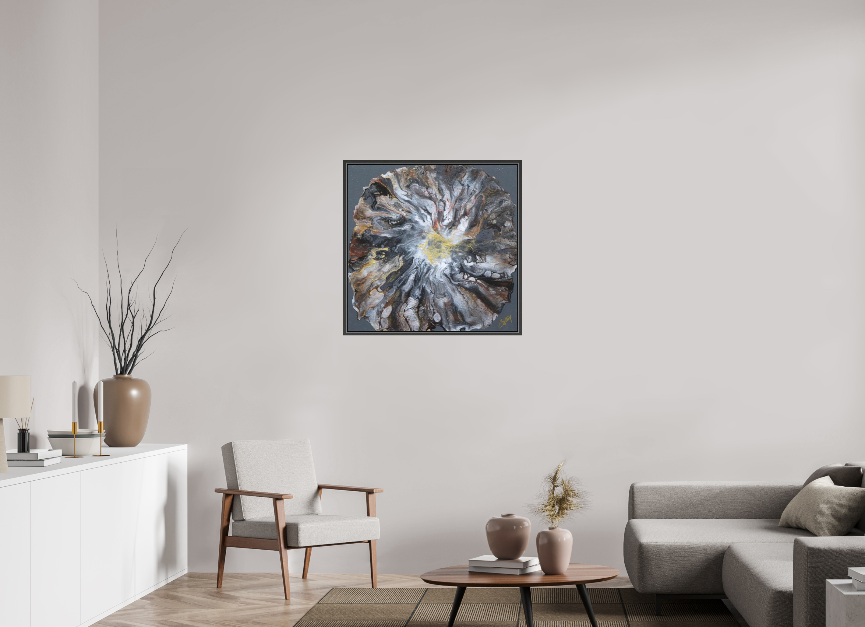 31.5 x 31″, *.7" Matte Canvas with Black Oak Frame Copper Bloom II
