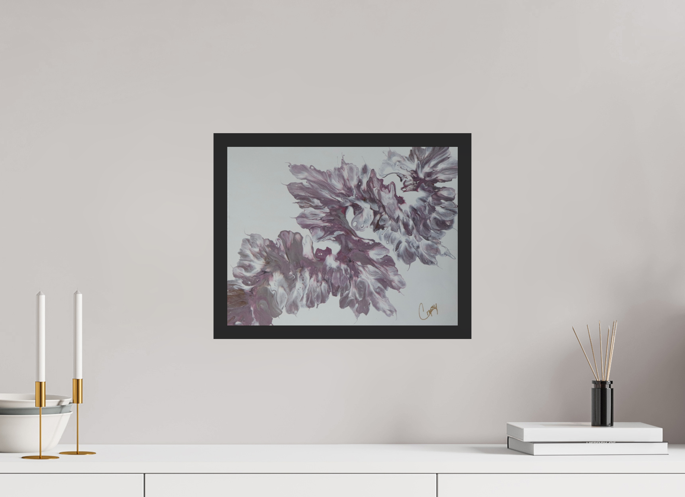 15.3 x 12″, *Photo Print Under Acrylic Glass Black Matte Frame Pink Dragon - Original Dutch Pour Painting