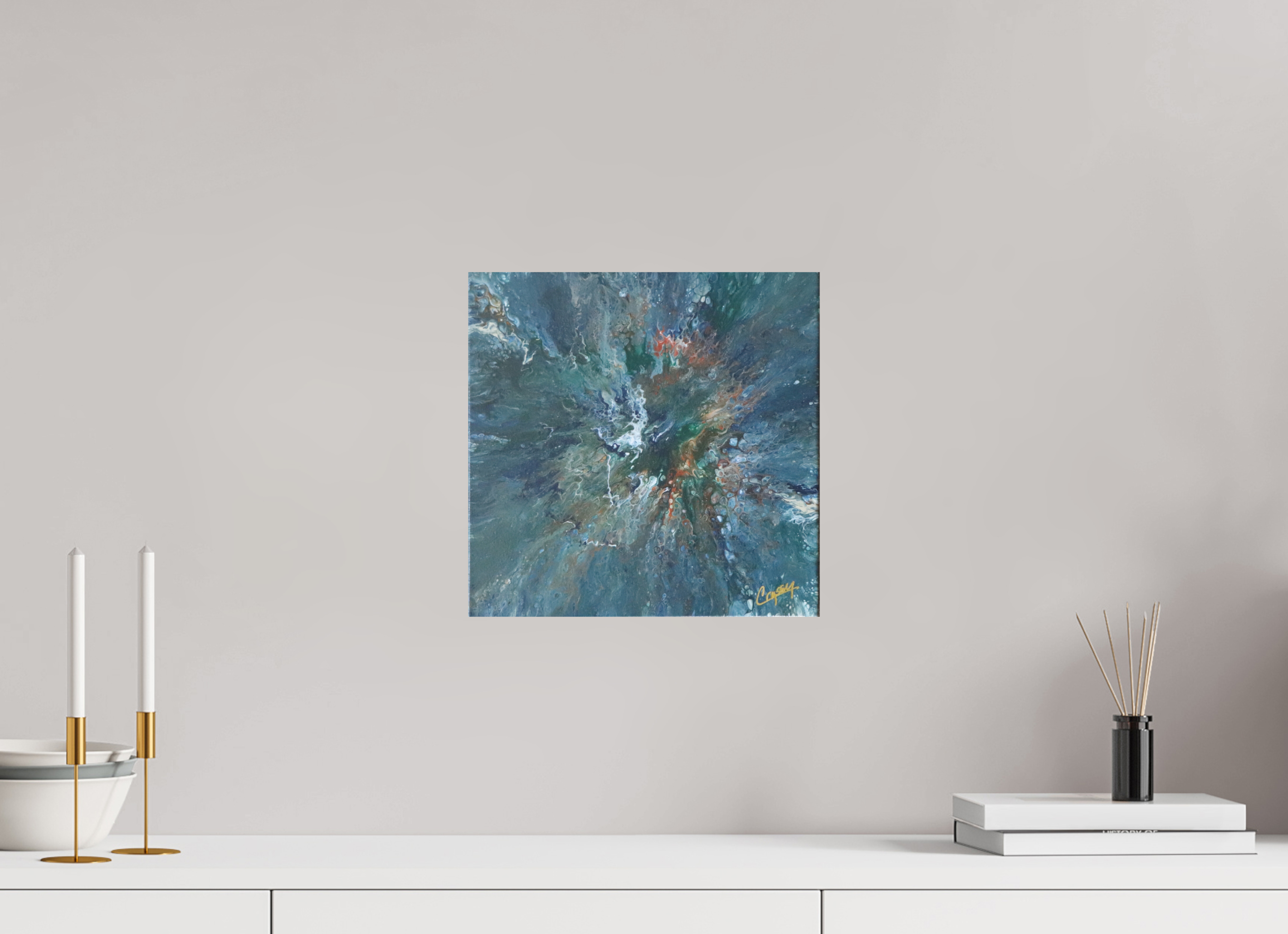 12.2 x 12″, *Photo Print on Fuji Silk with Black Frame Teal Flux - Original Tilt Pour Painting