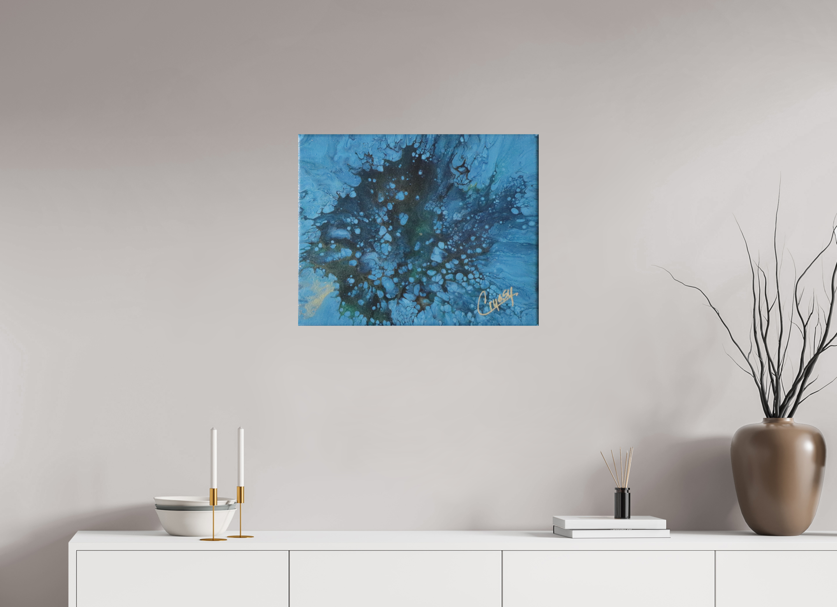 25.1 x 20″, *Photo Print on Fuji Silk with Black Frame Ocean Bloom - Original Dutch Pour Acrylic Painting