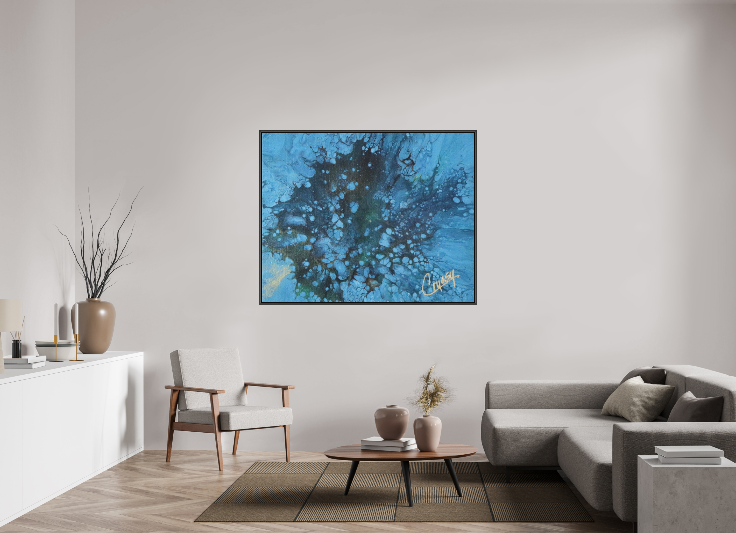 59.1 x 47″, *.7" Matte Canvas with Black Oak Frame Ocean Bloom - Original Dutch Pour Acrylic Painting
