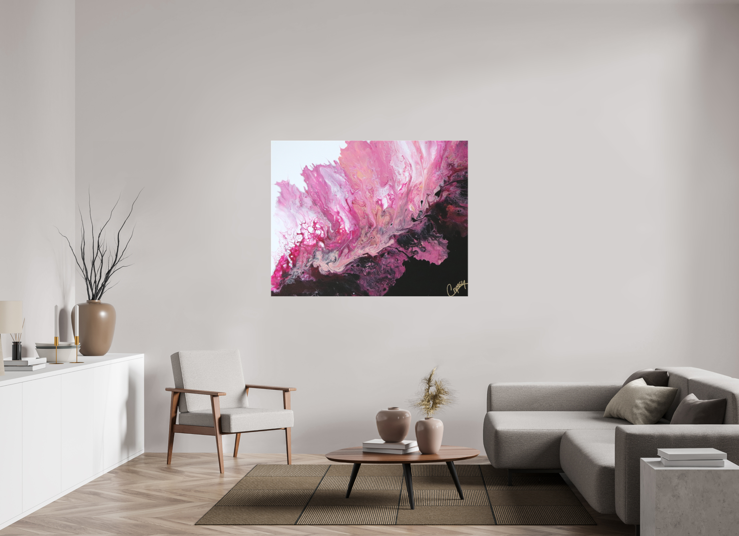 54.5 x 43″, *1.25" Matte Canvas No Frame Pink Magma - Original Dutch Pour