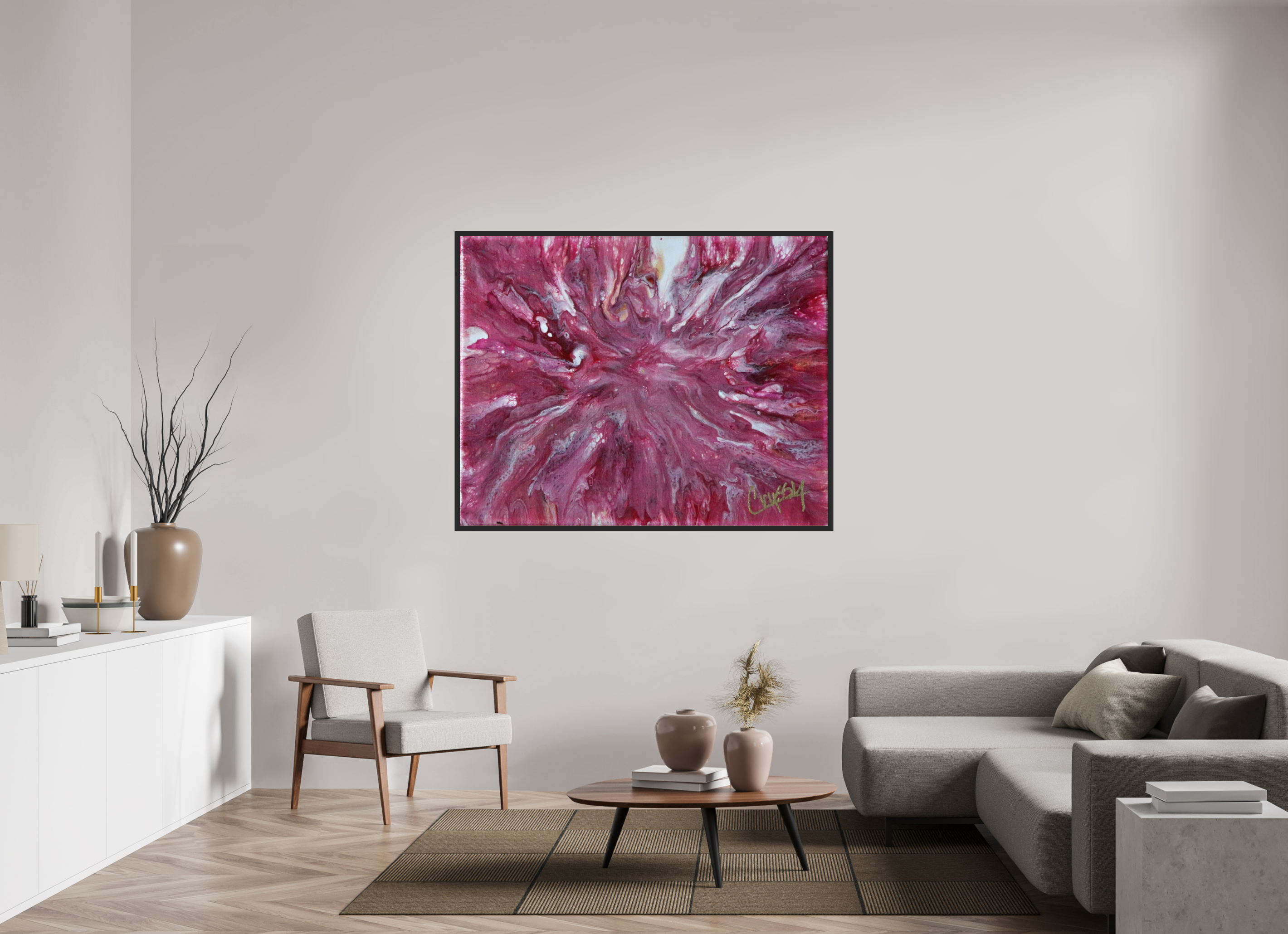 59.5 x 47″, *Photo Print Under Acrylic Glass Black Matte Frame Pink Explosion - Original Dutch Pour Acrylic Painting