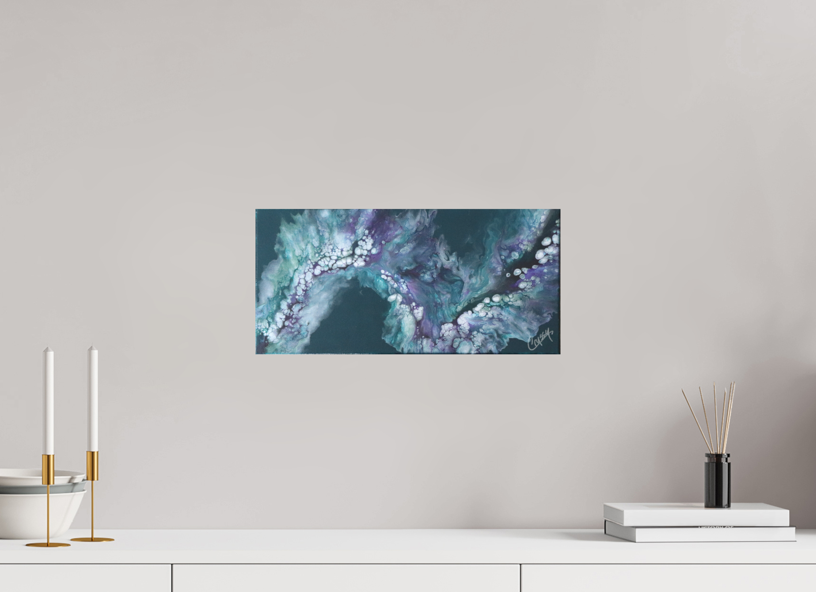 16.8 x 8″, *Photo Print on Fuji Silk with Black Frame Teal Tidal Wave