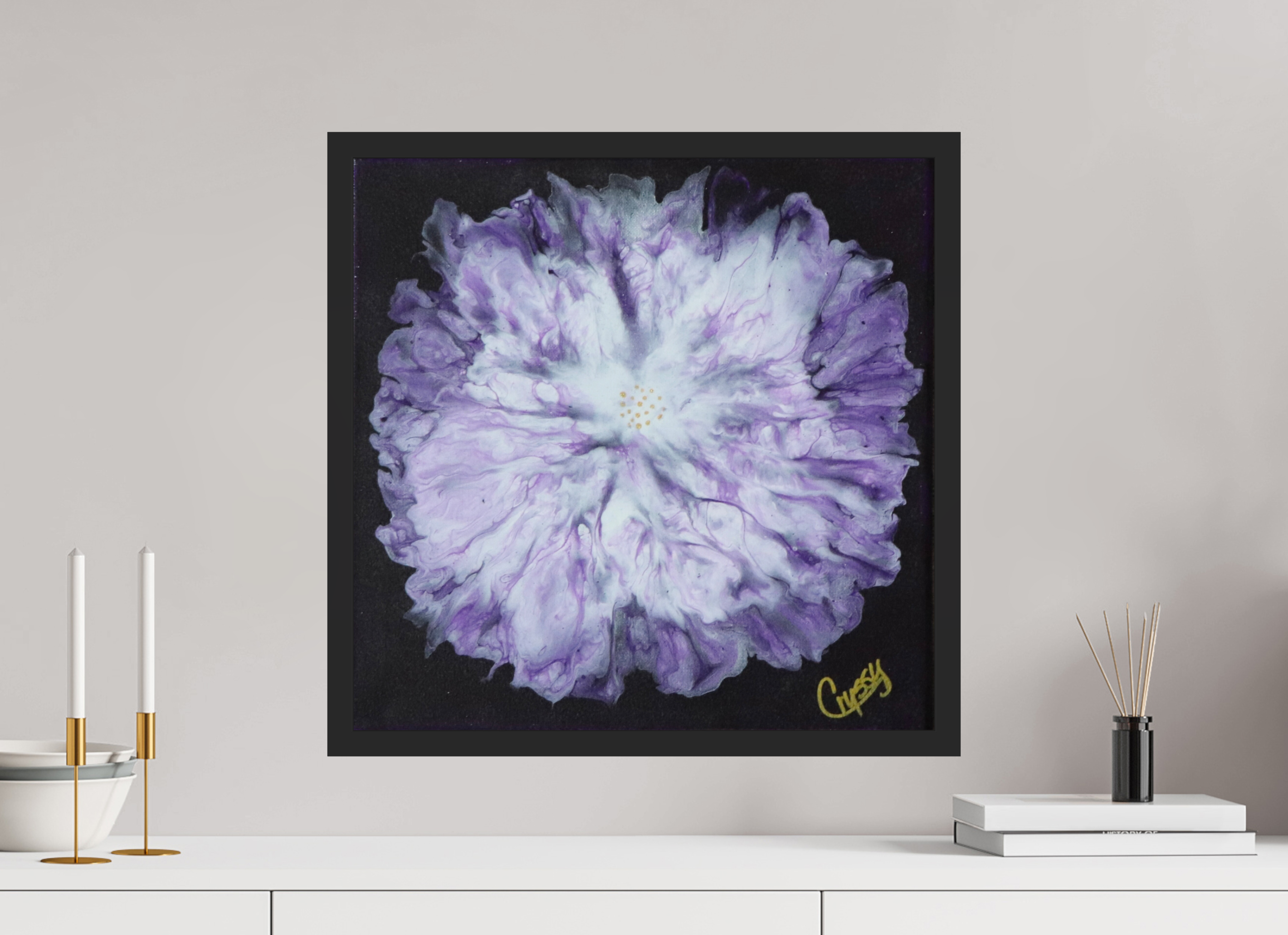 20.3 x 20″, *Photo Print Under Acrylic Glass Black Matte Frame Purple Paisley - Original Acrylic Dutch Pour Painting