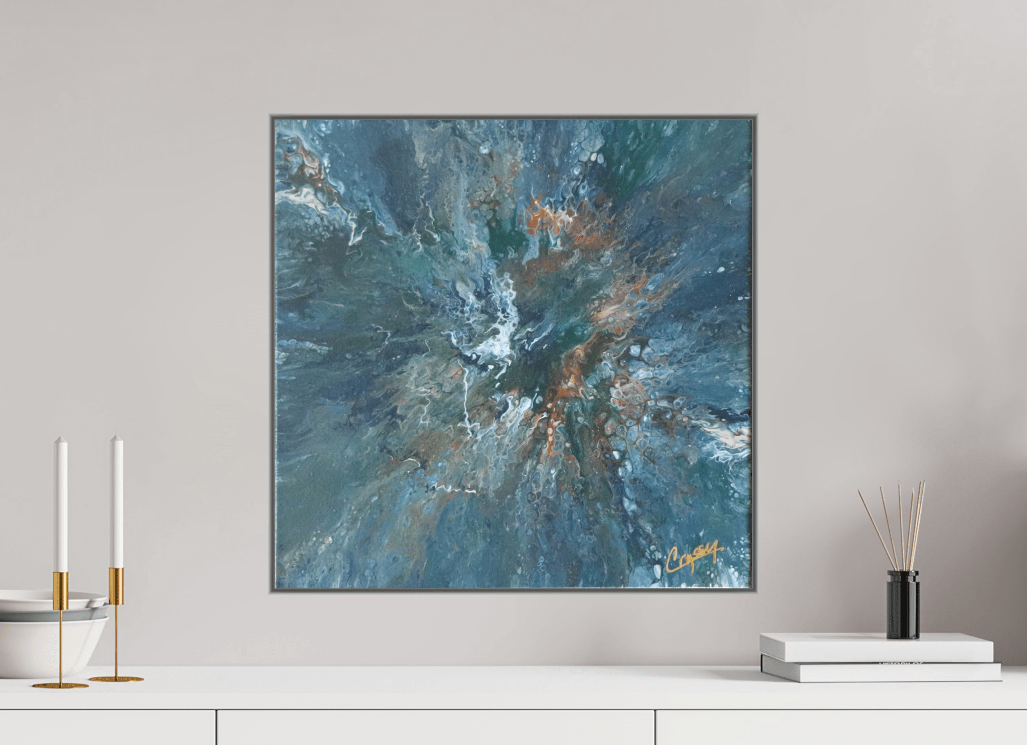 Teal Flux - Original Tilt Pour Painting - The Living Abstract