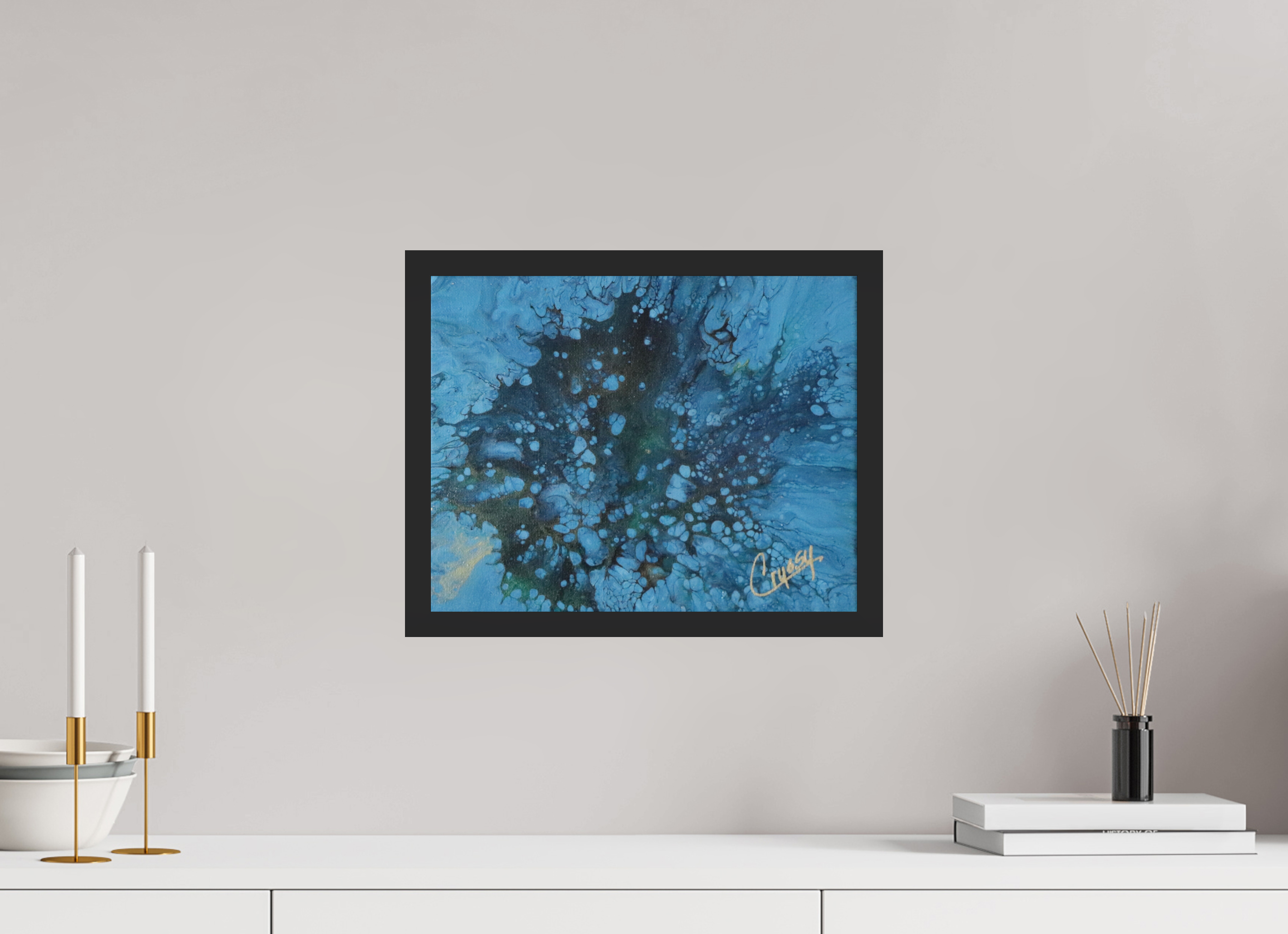 15.1 x 12″, *Photo Print Under Acrylic Glass Black Matte Frame Ocean Bloom - Original Dutch Pour Acrylic Painting