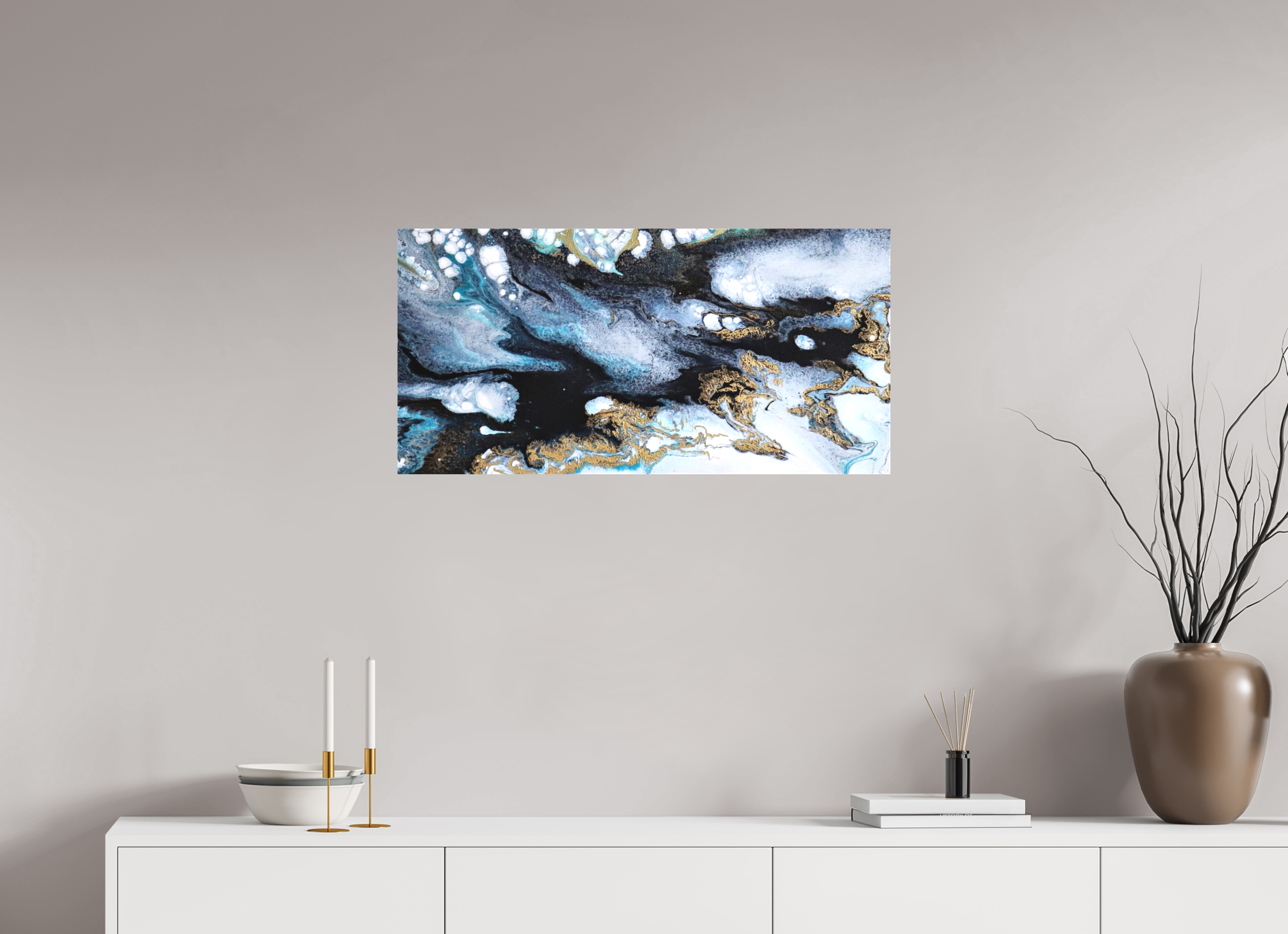 32.4 x 16″, *1.25" Matte Canvas No Frame Ocean Blues - Original Acrylic Tip Pour