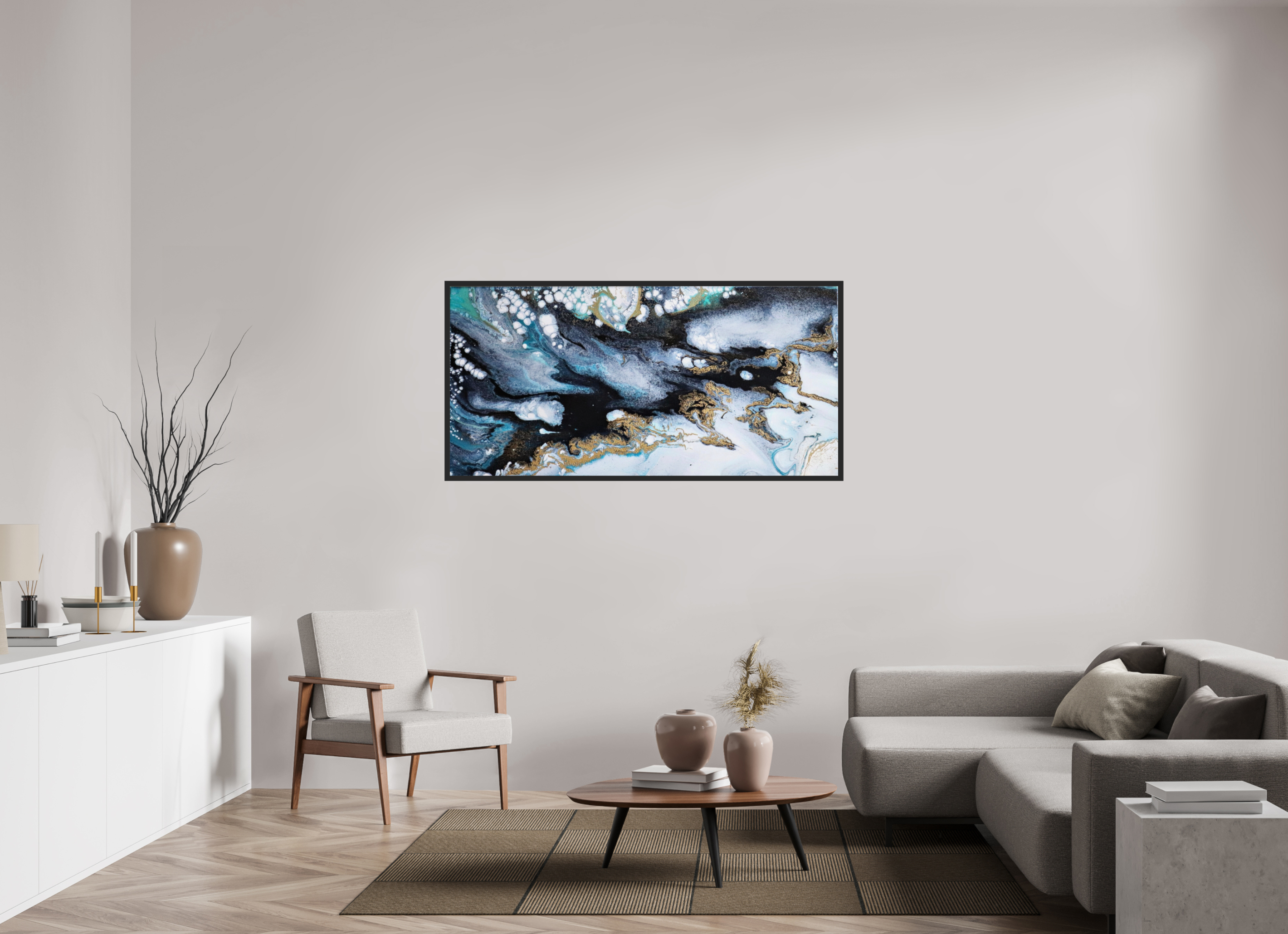 62.8 x 31″, *Photo Print Under Acrylic Glass Black Matte Frame Ocean Blues - Original Acrylic Tip Pour