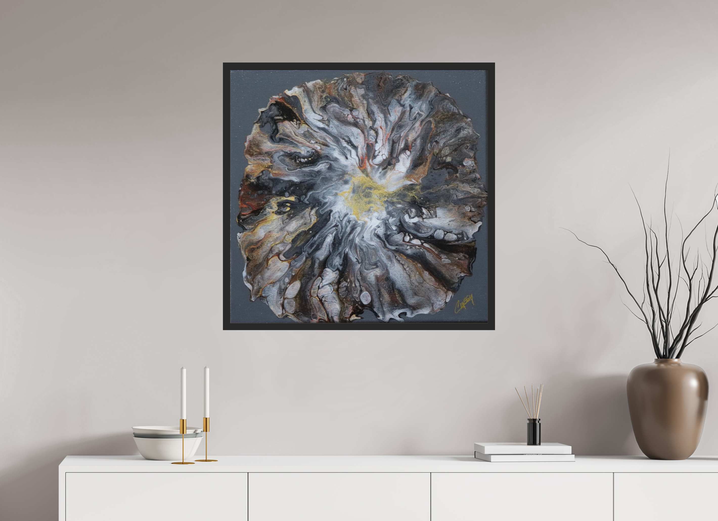 31.5 x 31″, *Photo Print Under Acrylic Glass Black Matte Frame Copper Bloom II