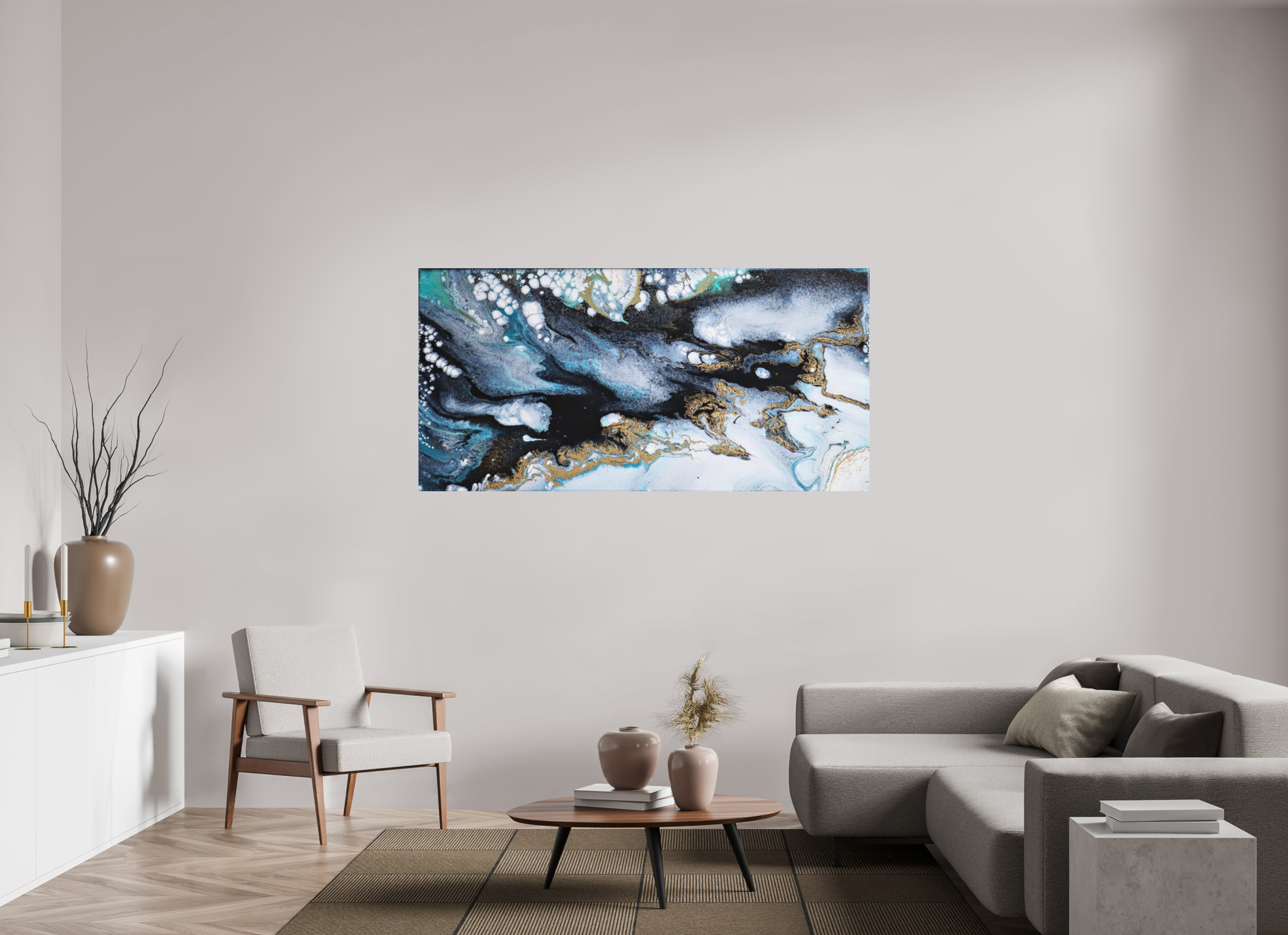 70.9 x 35″, *Photo Print on Fuji Silk Paper No Frame Ocean Blues - Original Acrylic Tip Pour