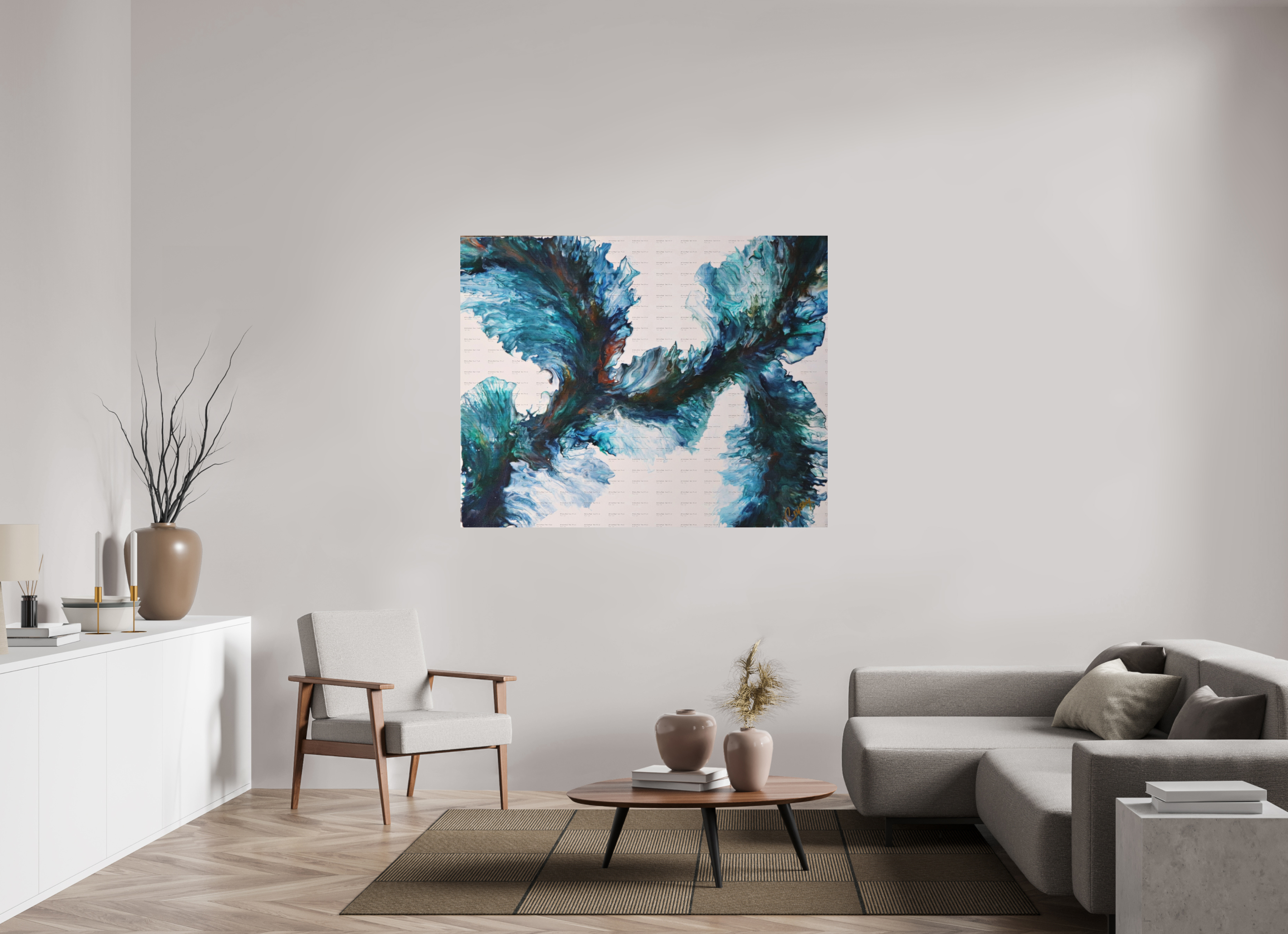 59.2 x 47″, *SAMPLE Photo Print on Fuji Silk Paper no frame River Blues - Original Dutch Pour Painting