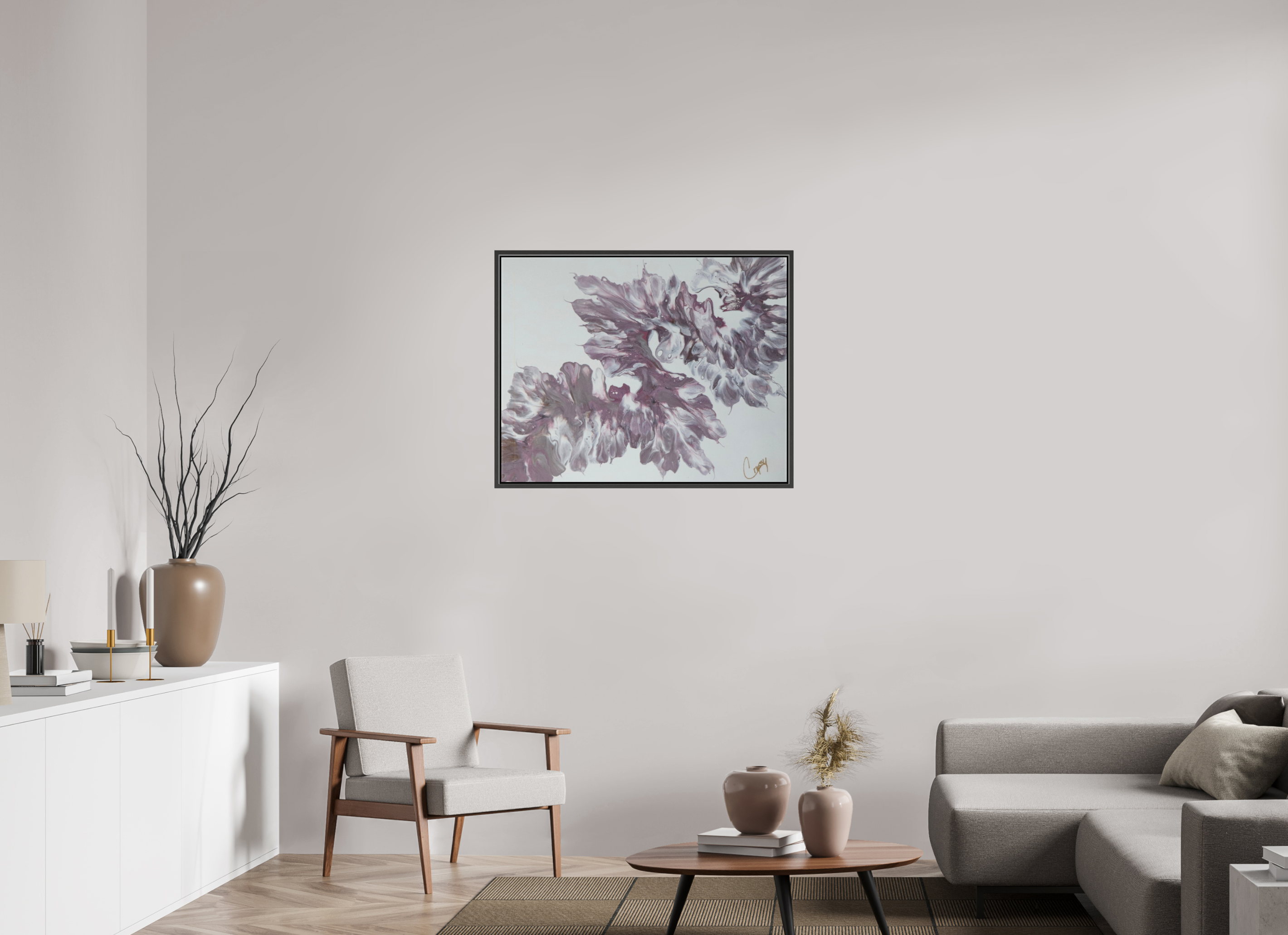 35.7 x 28″, *.7" Matte Canvas with Black Oak Frame Pink Dragon - Original Dutch Pour Painting