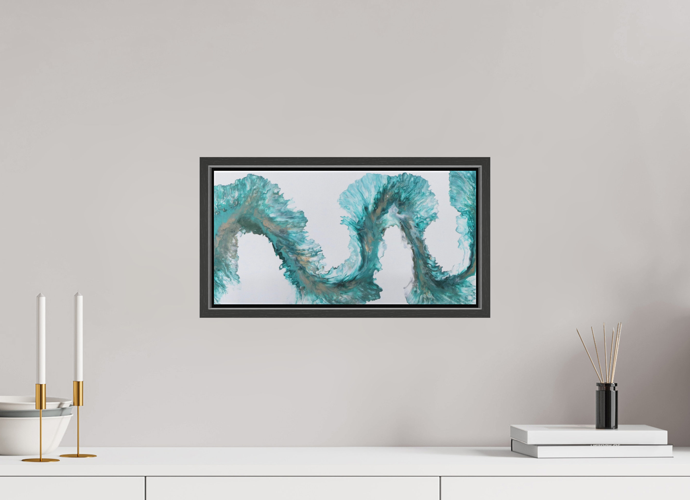 16.1 x 8″, *.7" Matte Canvas with Black Oak Frame Tidal Reviere