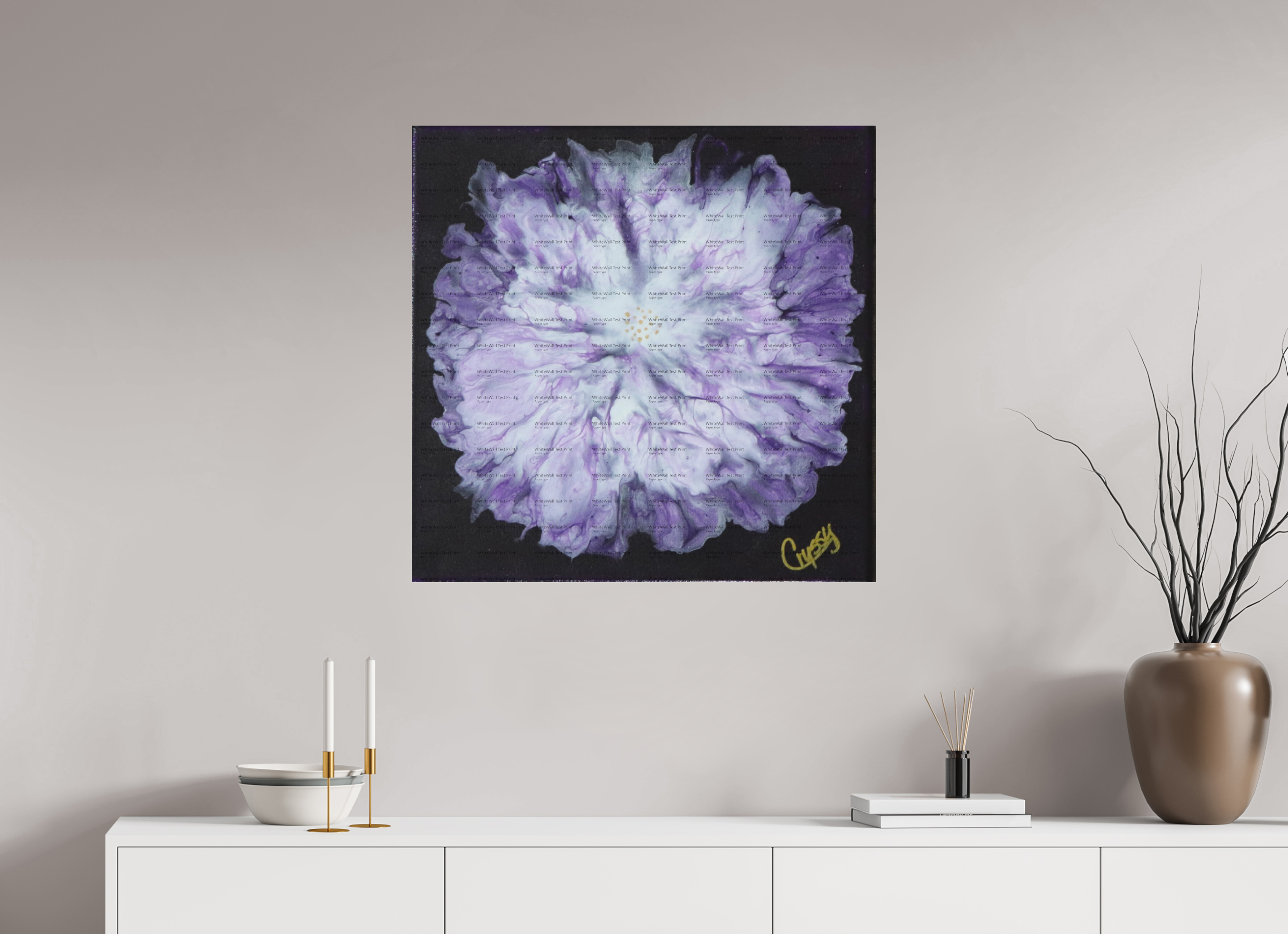 31.5 x 31″, *SAMPLE Photo Print on Fuji Silk Paper no frame Purple Paisley - Original Acrylic Dutch Pour Painting