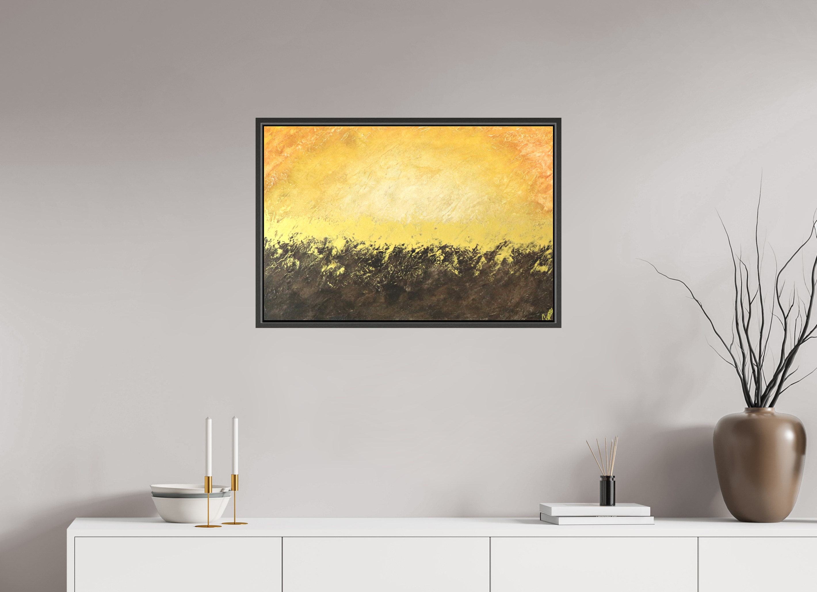 30 x 20″, *.7" Matte Canvas with Black Oak Frame Golden Sunset